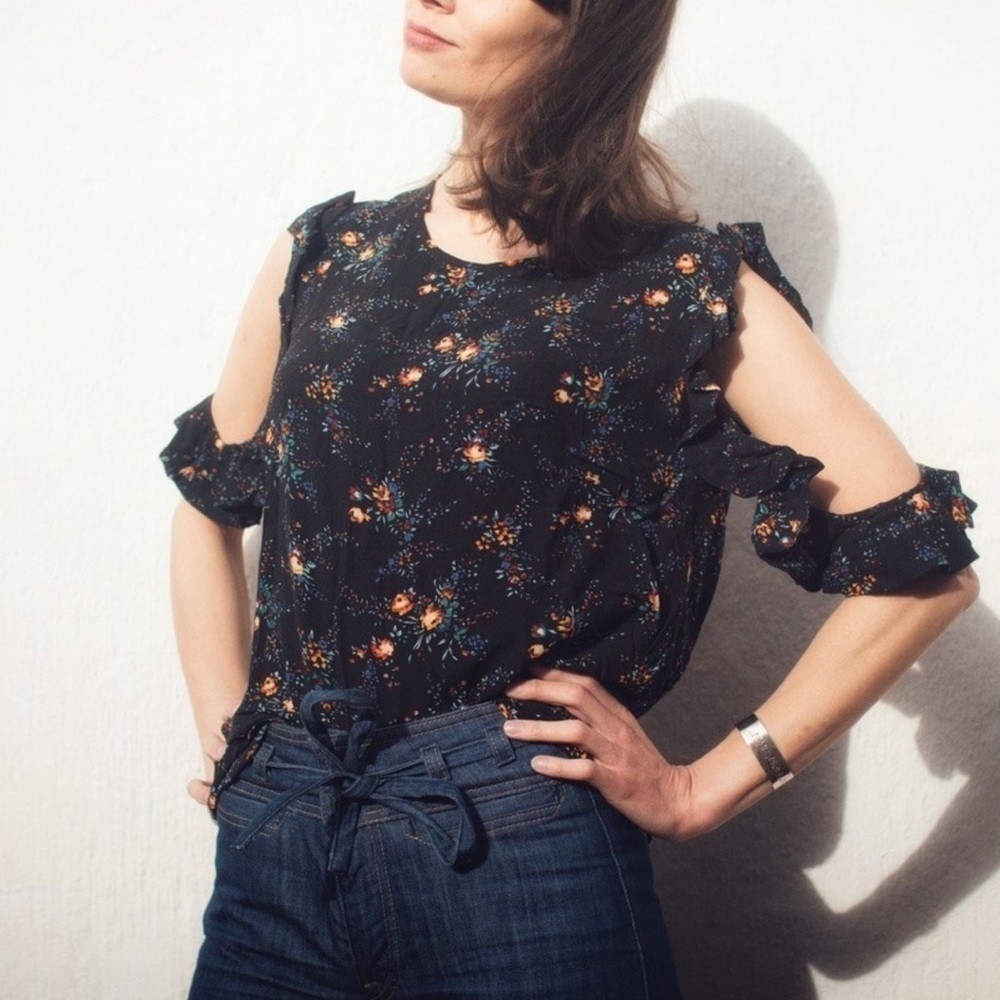 Sandro floral print cold shoulder ruffle blouse